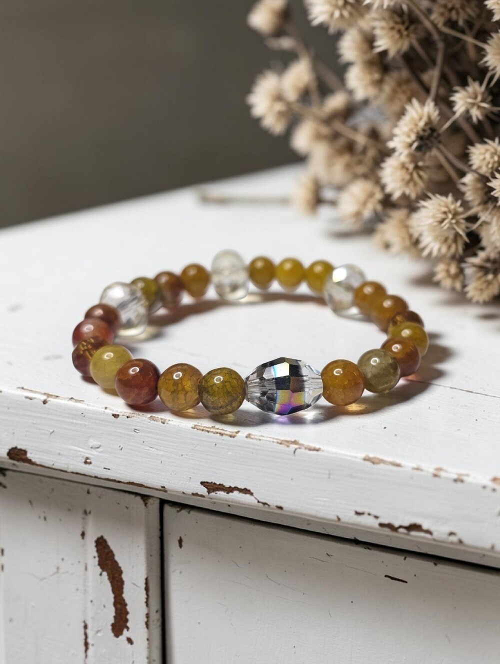 Handmade Multicolor Jasper Beaded Stretch Bracelet with Crystal Accent